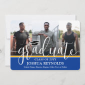 Modernes Script Royal Blue & Gold 4 Foto Abschluss Ankündigung (Vorderseite)