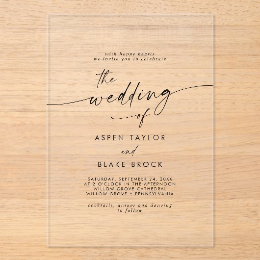 Modernes Script Rustic Boho Elegant Minimale Hochz Acryleinladungen (Vorderseite)