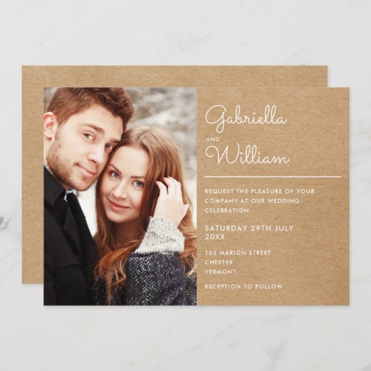 Modernes Script Rustic Kraft Foto Hochzeit Einladung (Vorne/Hinten)