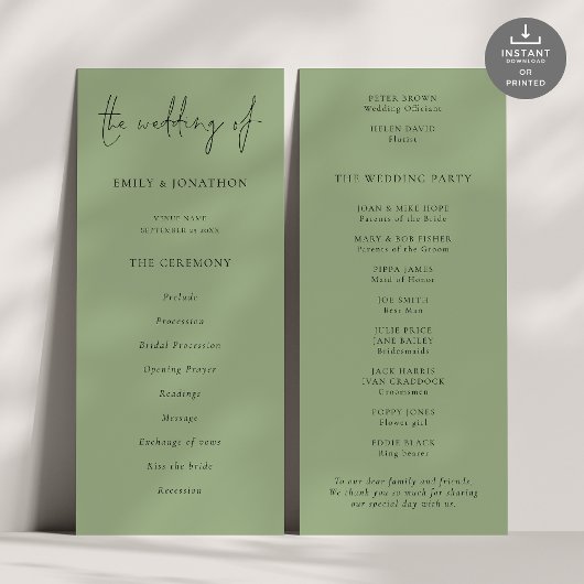 Modernes Script Sage Green Wedding Programm
