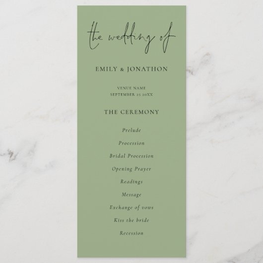 Modernes Script Sage Green Wedding Programm (Vorderseite)