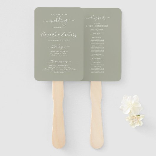 Modernes Script Sage Green Wedding Programm Fächer (Vorne und Hinten)