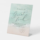 Modernes Script Sand Hearts Beach Foto Gästebuch Sockelschild (Vorderseite)