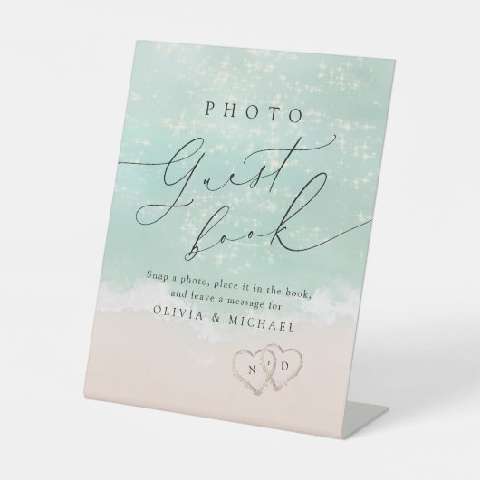 Modernes Script Sand Hearts Beach Foto Gästebuch Sockelschild (Vorderseite)