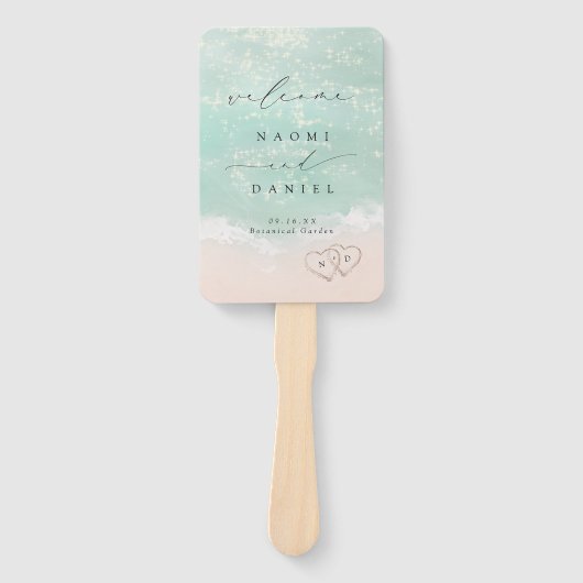 Modernes Script Sand Hearts Beach Hochzeitsprogram Fächer (Vorderseite)