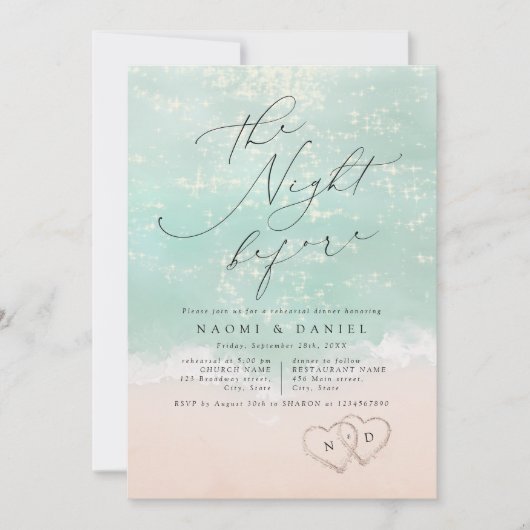 Modernes Script Sand Hearts Beach Probe Dinner Einladung (Vorderseite)