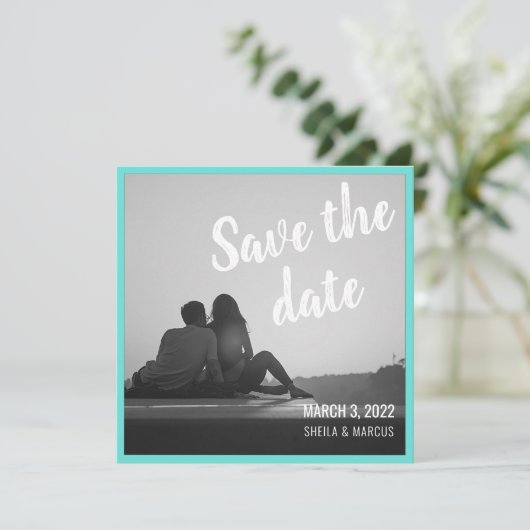 Modernes Script Save the Date Hochzeitsfotokarte (Stehend Vorderseite)