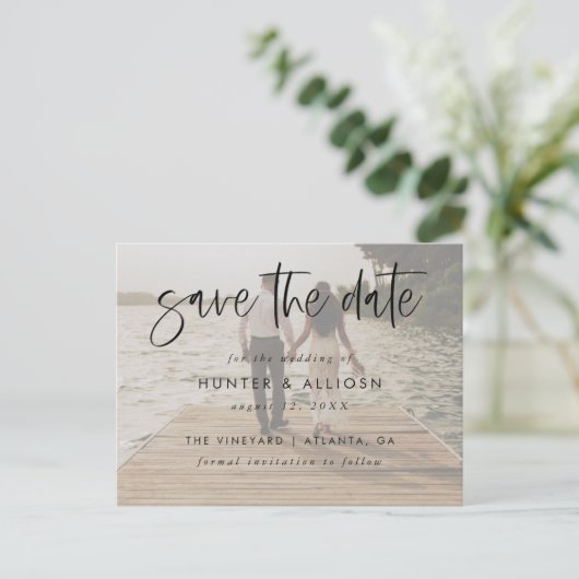 Modernes Script Save the Date PostCard Postkarte (Stehend Vorderseite)