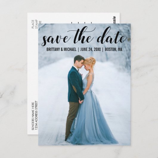 Modernes Script Save the Date Verlobung Foto B Postkarte (Vorne/Hinten)