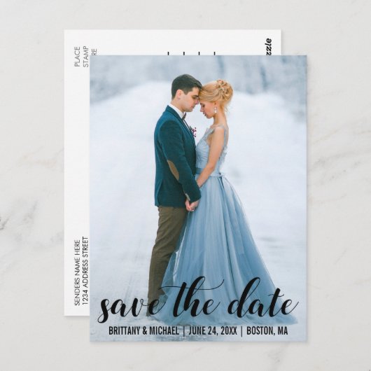 Modernes Script Save the Date Verlobung Foto BL Postkarte (Vorne/Hinten)