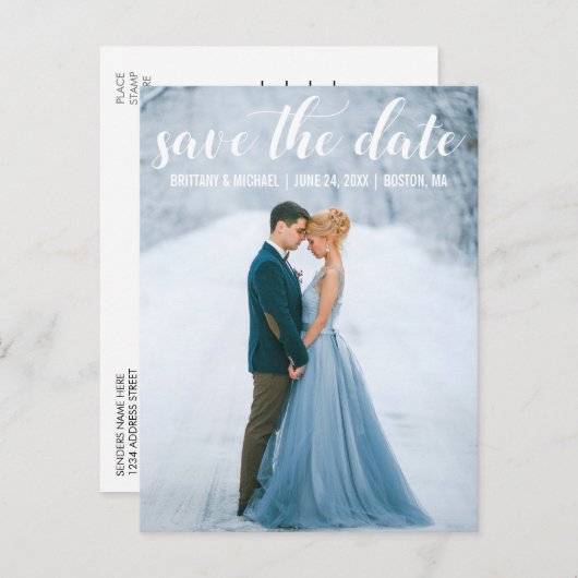 Modernes Script Save the Date Verlobung Foto W Postkarte (Vorne/Hinten)