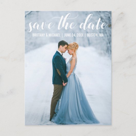 Modernes Script Save the Date Verlobung Foto W Postkarte (Vorderseite)