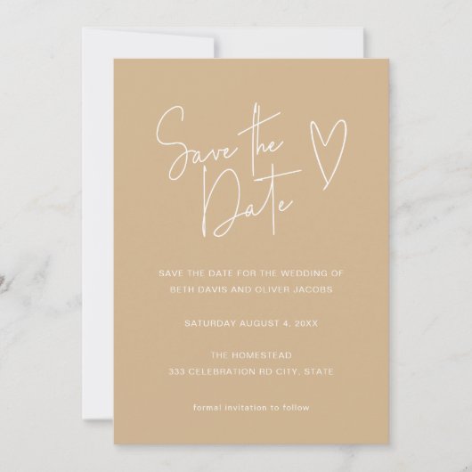 Modernes Script Schriftart Neutral Tan Foto Save t The Date (Vorderseite)