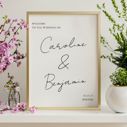 Modernes Script Schwarz und Weiß Hochzeit Begrüßun Poster