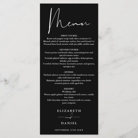 Modernes Script Schwarz und Weiß Hochzeitsessen Menükarte (Vorderseite)