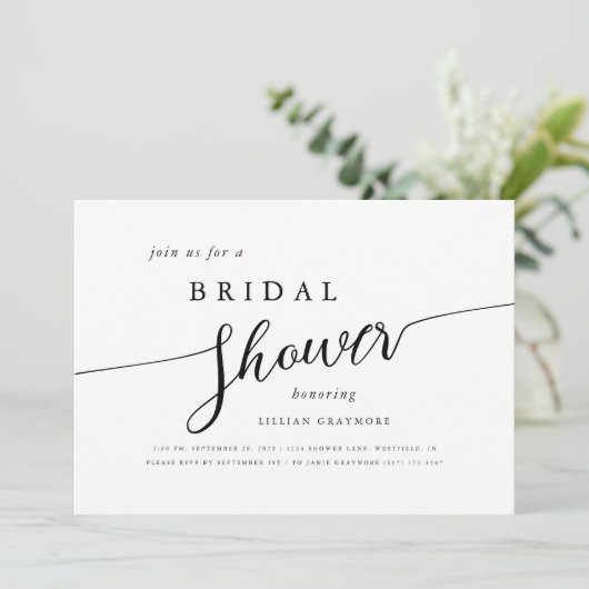 Modernes Script Schwarz & Weiß-Brautparty Einladung (Stehend Vorderseite)