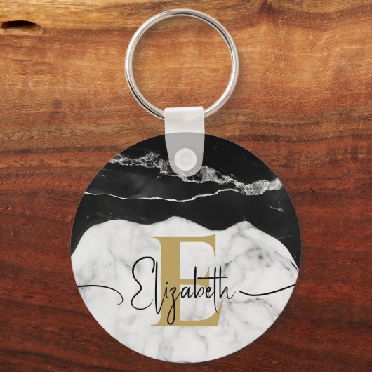 Modernes Script Schwarz-weiß Marble Gold Mit Monog Schlüsselanhänger (Vorderseite)