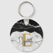 Modernes Script Schwarz-weiß Marble Gold Mit Monog Schlüsselanhänger (Rückseite)