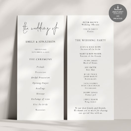Modernes Script Schwarz-weiß Wedding Program Einladung