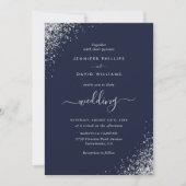 Modernes Script Silver Glitzer Navy Blue Wedding Einladung (Vorderseite)