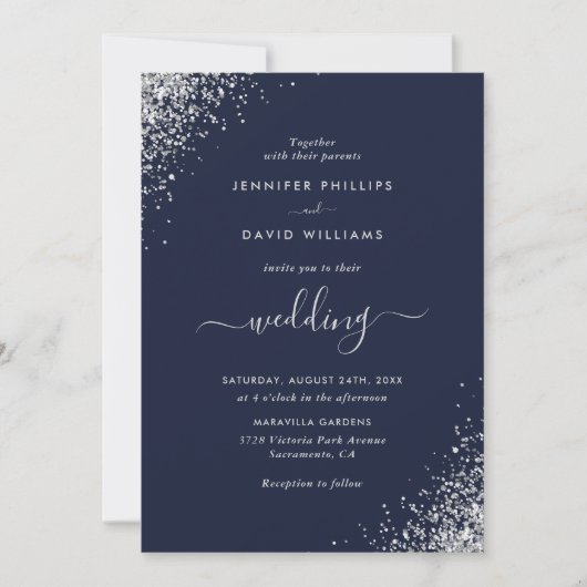 Modernes Script Silver Glitzer Navy Blue Wedding Einladung (Vorderseite)