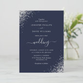 Modernes Script Silver Glitzer Navy Blue Wedding Einladung (Stehend Vorderseite)