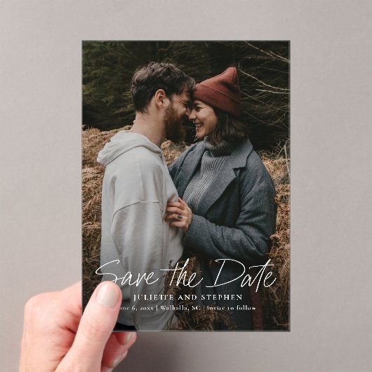 Modernes Script Simple Wedding Foto Save the Date Acryleinladungen (Insitu (Handheld))