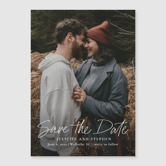 Modernes Script Simple Wedding Foto Save the Date Magneteinladung (Vorderseite)