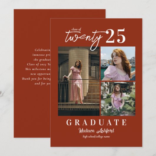 Modernes Script Terracotta Foto Collage Abschluss Ankündigung (Vorne/Hinten)