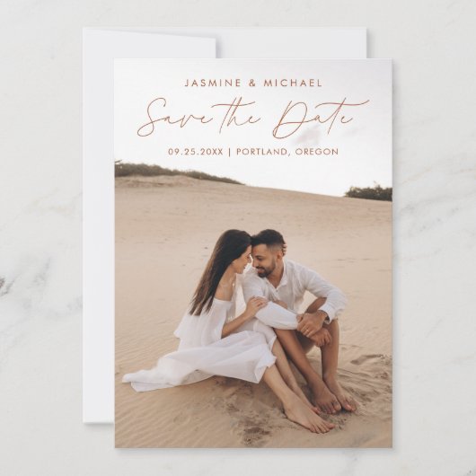 Modernes Script Terracotta QR Code 2 Foto Save The Date (Vorderseite)