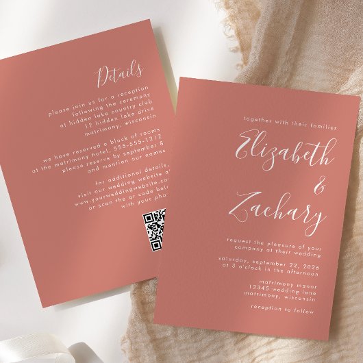 Modernes Script Terracotta QR Code Hochzeit Einladung