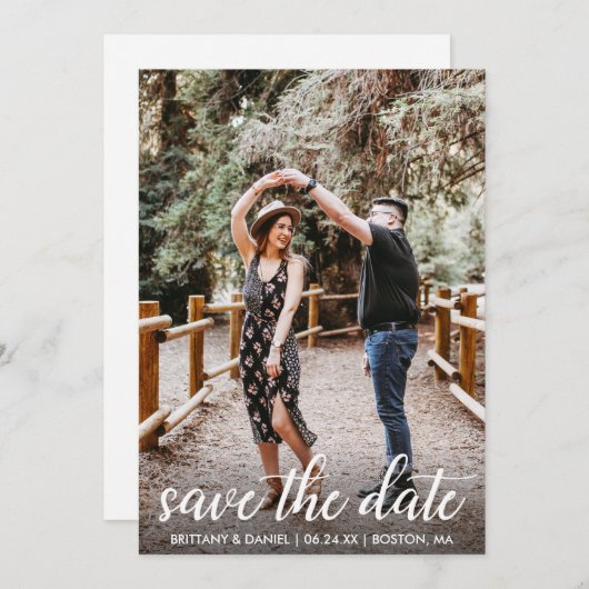 Modernes Script-Verlobung-Foto Save The Date (Vorne/Hinten)