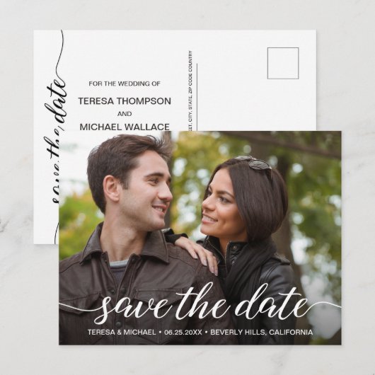 Modernes Script-Verlobung-Foto Save the Date Postkarte (Vorne/Hinten)
