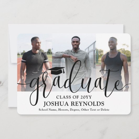 Modernes Script Vier Foto Schwarz & Weiß Abschluss Ankündigung (Vorderseite)