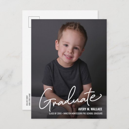 Modernes Script-Vorschulstudium mit Foto Ankündigungspostkarte (Vorne/Hinten)