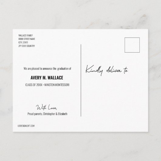 Modernes Script-Vorschulstudium mit Foto Ankündigungspostkarte (Rückseite)