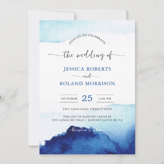 Modernes Script Watercolor Indigo Blue Wedding Einladung (Vorderseite)