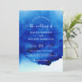 Modernes Script Watercolor Indigo Blue Wedding Einladung (Stehend Vorderseite)