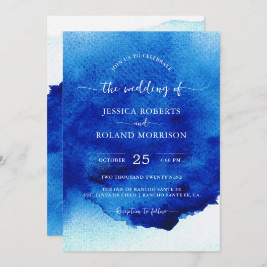 Modernes Script Watercolor Indigo Blue Wedding Einladung (Vorne/Hinten)