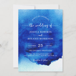 Modernes Script Watercolor Indigo Blue Wedding Einladung