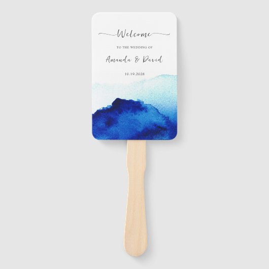 Modernes Script Watercolor Indigo Blue Wedding Fächer (Vorderseite)