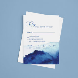 Modernes Script Watercolor Indigo Blue Wedding RSVP Karte