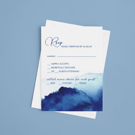 Modernes Script Watercolor Indigo Blue Wedding RSVP Karte