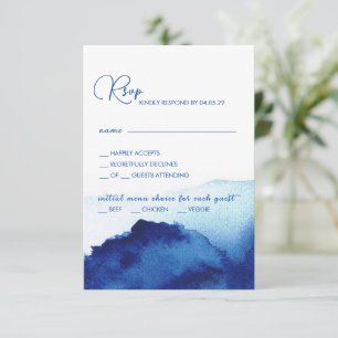 Modernes Script Watercolor Indigo Blue Wedding RSVP Karte