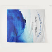 Modernes Script Watercolor Indigo Blue Wedding Wandteppich (Vorderseite (Horizontal))