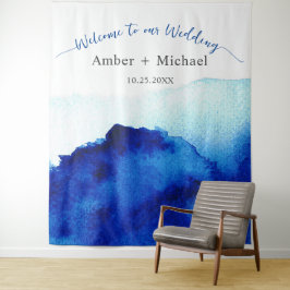 Modernes Script Watercolor Indigo Blue Wedding Wandteppich