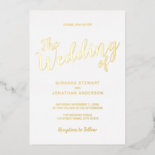 Modernes Script Wedding Gold Folieneinladung (Vorderseite)