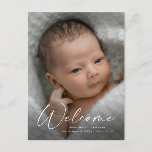 Modernes Script Welcome Baby Foto Birth Vielen Dan Postkarte (Vorderseite)