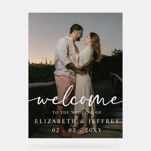 Modernes Script White Foto Wedding Willkommen Acrylschild (Vorderseite)