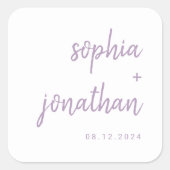 Modernes Script White und Lavendel | Hochzeit Quadratischer Aufkleber (Vorderseite)
